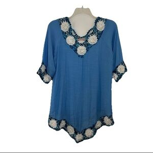 NWOT Paradise USA Women’s Poncho Sz Medium Blue Crochet V Neck Floral